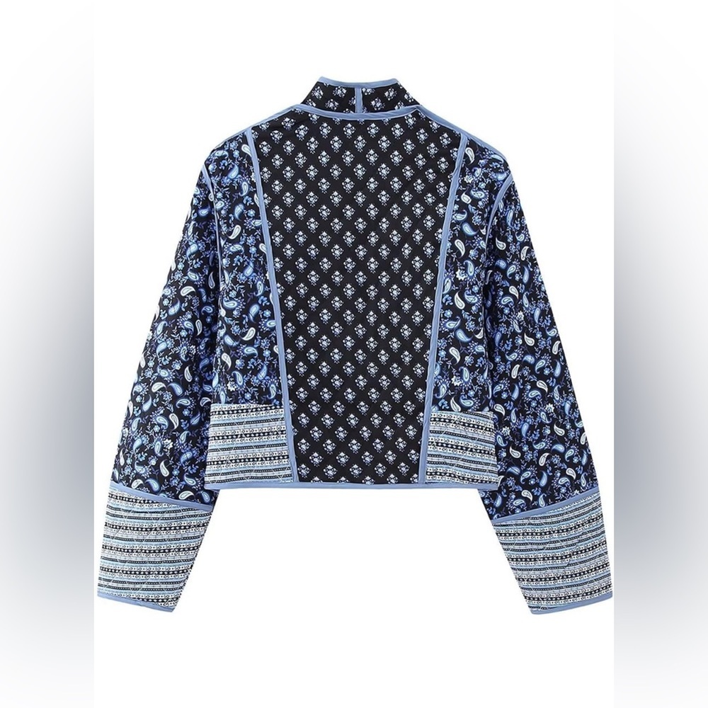 Cropped Puffer Jacket Stand Collar Floral Printed Open Front Quilted Lightweight - Picture 4 of 15